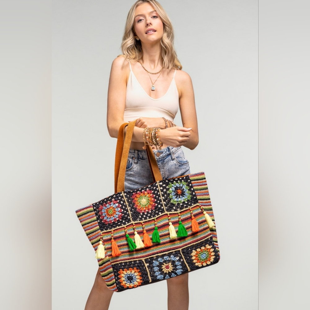 Vibrant Floral & Striped Hand Crocheted Shoulder Bag w/ Colorful Tassel Accents - Picture 10 of 11